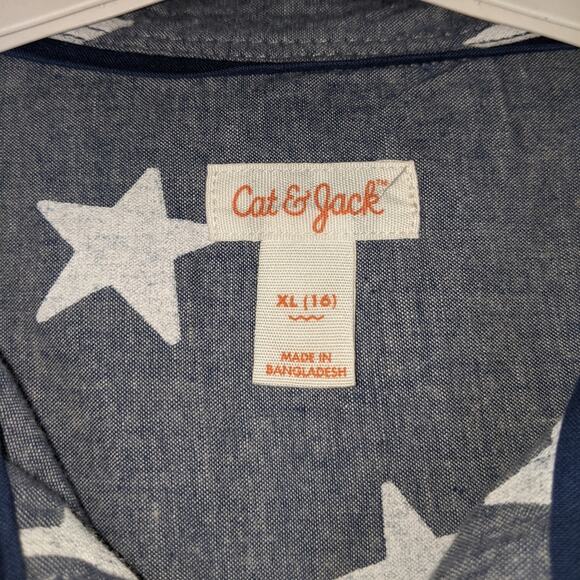 Cat & Jack Boys Cruise Blue White Stars Button Up Dress Shirt XL 16 - Picture 4 of 12